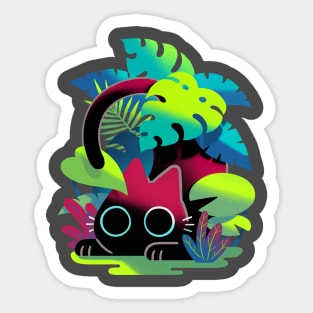 Black cat behind leaves - Stalker hunter - cats and plants Sticker